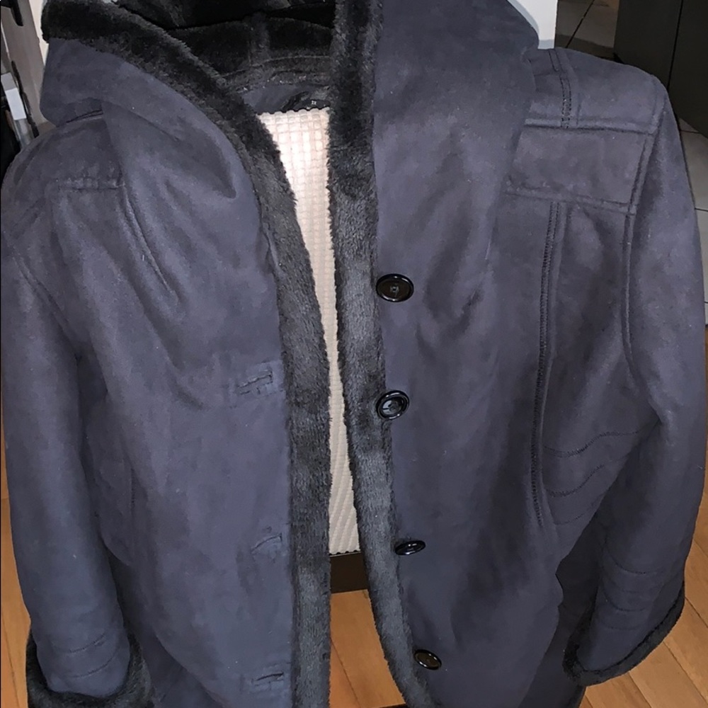 Hooded faux suede coat with Fuax fur lining